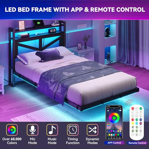DWVO Twin Size Floating Bed Frame with RGB LED Lights and Charging Station, Upholstered Platform Bed Frame with 2-Tier Storage Shelf Headboard, Solid Metal Slats, Noiseless, Easy Assembly, Black DWVO