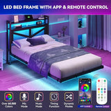 DWVO Twin Size Floating Bed Frame with RGB LED Lights and Charging Station, Upholstered Platform Bed Frame with 2-Tier Storage Shelf Headboard, Solid Metal Slats, Noiseless, Easy Assembly, Black DWVO