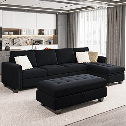 Belffin Velvet Convertible 4-Seat Sectional Sofa with Reversible Chaise L Shaped Sofa Couch Furniture Sets Sectional Couch with Storage Ottoman Black - WoodArtSupply