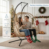 SWITTE Double Hanging Egg Chair with Stand, Outdoor Patio 2 Person Wicker Hammock Swing Chairs with Cushion Loveseat for Indoor Bedroom, Lawn, Garden-Beige SWITTE