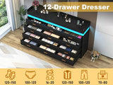 12 Drawer Dresser with LED Light and Charging Station, 70" Modern Chest of Drawers for Closet, Wide Drawer Organizer Cabinet for Bedroom, Living Room, Entryway, Hallway, Black Hlivelood