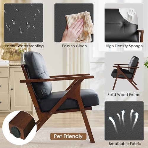 STHOUYN Black Leather Office Accent Chair Set of 2, Office Lounge Chair with Wooden Arms, Mid Century Modern Chair, Side Arm Chairs for Living Room, Comfy Guest Waiting Room Chairs (2, Black) STHOUYN