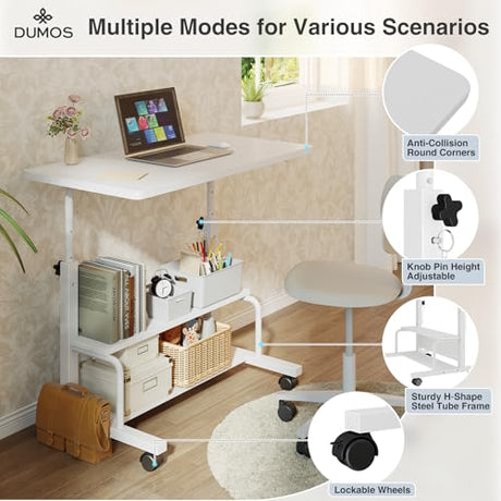 DUMOS 31.5" Manual Standing Desk, Height Adjustable Mobile Computer Desk with Lockable Wheels & 2-Tier Storage, Rolling Laptop Table for Small Spaces & Home Office, White DUMOS
