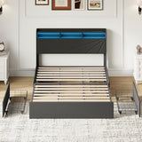 MALOL Bed Frame, Queen Bed Frame with Headboard & Storage Shelf, Metal Platform Bed Frame with 4 Storage Drawers, Built-in Charging Station, Led Light, Wood Bed Frame, No Box Spring Needed, Grey MALOL