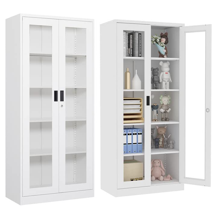 AFAIF 71" Curio Cabinet Glass Display Cabinet with 4 Adjustable Shelves, Tall Bookshelf Bookcase with Glass Doors, Lockable Metal Storage Cabinet Modern Liquor Cabinet for Home Pantry Kitchen AFAIF