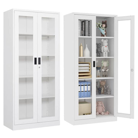AFAIF 71" Curio Cabinet Glass Display Cabinet with 4 Adjustable Shelves, Tall Bookshelf Bookcase with Glass Doors, Lockable Metal Storage Cabinet Modern Liquor Cabinet for Home Pantry Kitchen AFAIF