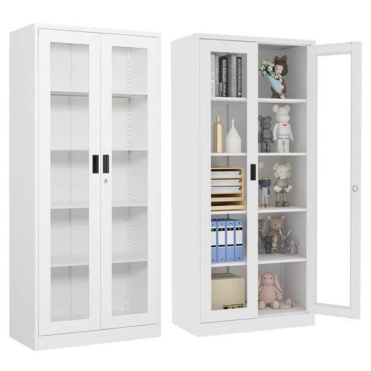 AFAIF 71" Curio Cabinet Glass Display Cabinet with 4 Adjustable Shelves, Tall Bookshelf Bookcase with Glass Doors, Lockable Metal Storage Cabinet Modern Liquor Cabinet for Home Pantry Kitchen