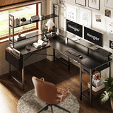 Huuger L Shaped Gaming Desk with LED Lights, Power Outlets & Storage Shelves, Black Huuger