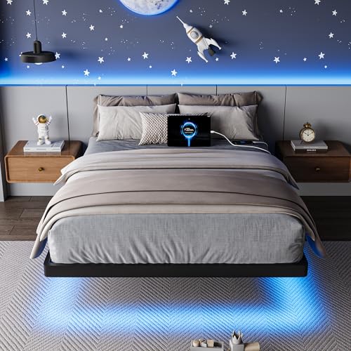 Feonase Twin Size Floating Bed Frame with Charging Station and LED Lights, Metal Bed Frame with Heavy Duty Steel Slats Supports, No Box Spring Needed, Easy Assembly, Black Feonase