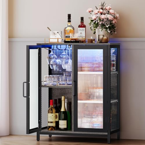 ciecie Bar Cabinet, Liquor Cabinet, LED Home Mini Bar Cabinet for Liquor, Buffet Cabinet with Storage, Easy to Assemble (27.6 Inch, Grey)