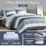 Madison Park Essentials Jaxon Twin Comforter Set, Bed In A Bag Comforter & Sheet Set, Modern Casual Stripes Print, All Seasons, Soft Microfiber Bedding Makeover, Matching Sham, Twin, Blue/Grey 5 Piece Madison Park