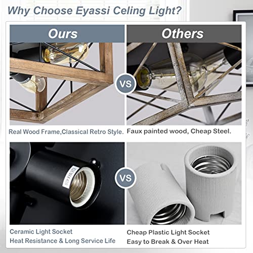 eyassi Wooden Flush Mount Ceiling Lights, 4-Light Farmhouse Close to Ceiling Lighting Fixtures Black Ceiling Lamp for Kitchen Island Living Room Bedroom Hallway Laundry Entryway eyassi