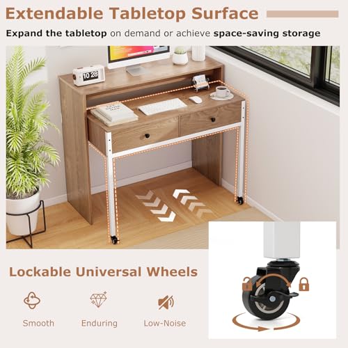 Tangkula Extendable Computer Desk with 2 Drawers, Small Writing Desk with Pull Out Secondary Desk, Console Table, Wood Study Workstation, Laptop Desk for Small Space Home & Office (Natural) Tangkula