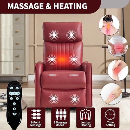 High Back Massage Recliner with Heat - Swivel Rocking Chair for Small Spaces, Manual Lazy Boy Recliner for Adults, Perfect for Living Room & Bedroom, Soft Fabric (Red)