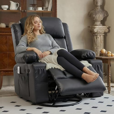 GAOHAPY Rocker Recliner Chair with Heat and Massage,360°Swivel Nursery Recliner Chair for Adults,Faux Leather Recliner Single Sofa Seat with 2 Cup Holders and Side Pocket (Black) GAOHAPY