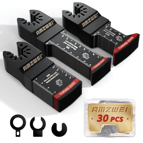 AMZWEI 30 Pcs Bi-Metal Oscillating Saw Blades, Professional Curved Edge Multitool Blades for Wood with Nails, Metal, Wood, Oscillating Tool Blades Compatible with Dewalt Milwaukee Bosch Worx Ryobi AMZWEI