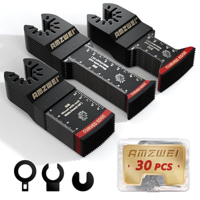 AMZWEI 30 Pcs Bi-Metal Oscillating Saw Blades, Professional Curved Edge Multitool Blades for Wood with Nails, Metal, Wood, Oscillating Tool Blades Compatible with Dewalt Milwaukee Bosch Worx Ryobi