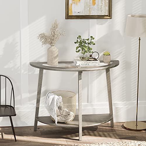 COSIEST 2-Tier Glass Console Table, Semi-Circular MDF Entryway Table with Storage Shelf, Modern Wood Sofa Side Table for Bedroom Living Room Hallway, Antique Silver COSIEST