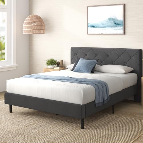 ZINUS King Shalini Upholstered Platform Bed Frame with Headboard [New WonderBox(TM) Version], Wooden Slat Support, No Box Spring Needed, Easy Assembly, Eco Friendly Packaging, Dark Grey ZINUS