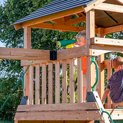 Backyard Discovery Endeavor All Cedar Wood Swing Set Playset with Gray Wave Slide for Backyard with Large Clubhouse Rope Ladder Rock Climbing Wall Wave Slide 2 Belt Swings and 1 Web Swing Gift