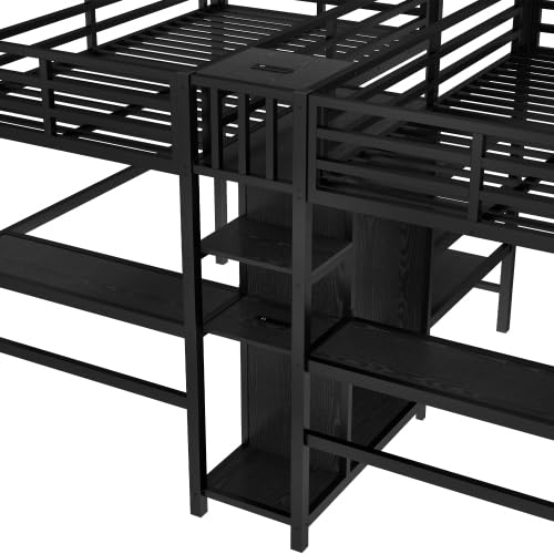Harper & Bright Designs Double Loft Bed Twin Size with Desk and Wardrobe for 2, Heavy Duty Metal Loft Bed Frame with Storage Shelf and Electrical Outlet, Black Harper & Bright Designs