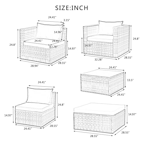 EMKK Patio Furniture Sets, 6 Piece Outdoor Wicker Rattan Sectional Sofa with Tempered Glass Coffee Table, Couch, Loveseat, Chairs with Cushions Conversation Garden, 1-Dark Gray EMKK