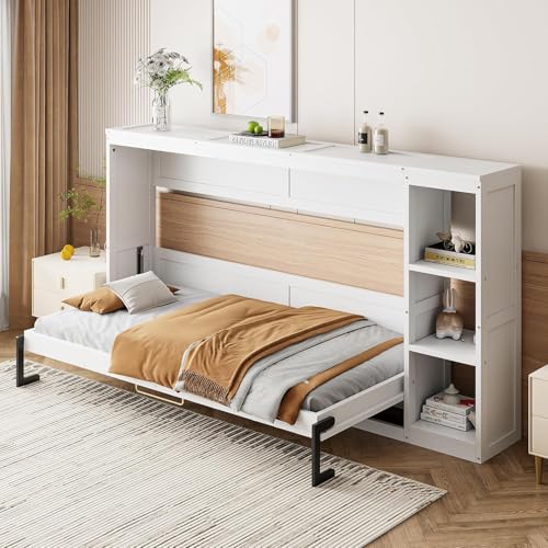 Virubi Twin Horizontal Murphy Bed with Storage Shelves,Wood Fold Up Modern Murphy Wall Bed Cabinet with Storage Bookcase for Adults (White,Twin) Virubi