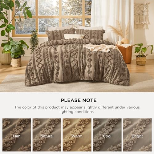 Bedsure Tufted Boho Comforter Set King Size - Light Brown Boho Bed Set, GentleSoft™ 3 Pieces Farmhouse Shabby Chic Embroidery Bedding, Gifts for Woman, Jacquard King Comforter for All Seasons Bedsure