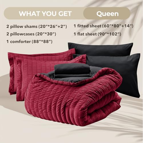 HYMOKEGE Red & Black Queen Comforter Set Seersucker 7 Pieces, All Season Luxury Bed in a Bag for Bedroom, Bedding Set with Comforters, Sheets, Pillowcases & Shams HYMOKEGE