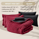 HYMOKEGE Red & Black Queen Comforter Set Seersucker 7 Pieces, All Season Luxury Bed in a Bag for Bedroom, Bedding Set with Comforters, Sheets, Pillowcases & Shams HYMOKEGE