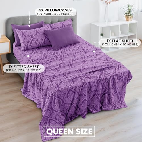 Ultra Soft Wrinkle-Free Microfiber Paisley Queen Sheet Set, Breathable Boho Bed Sheet Set – 16" Deep Pocket Fitted Sheet, Flat Sheet & 4 Pillowcases, Juegos de Sábanas, OEKO-TEX - Purple LDC LUX DECOR COLLECTION