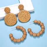 Rattan Earrings Statement Rattan Ball Hoop Earrings for Women Straw Earrings Woven Dangle Drop Earrings (Rattan Earrings Set) (D Rattan Earring Set) HSWE