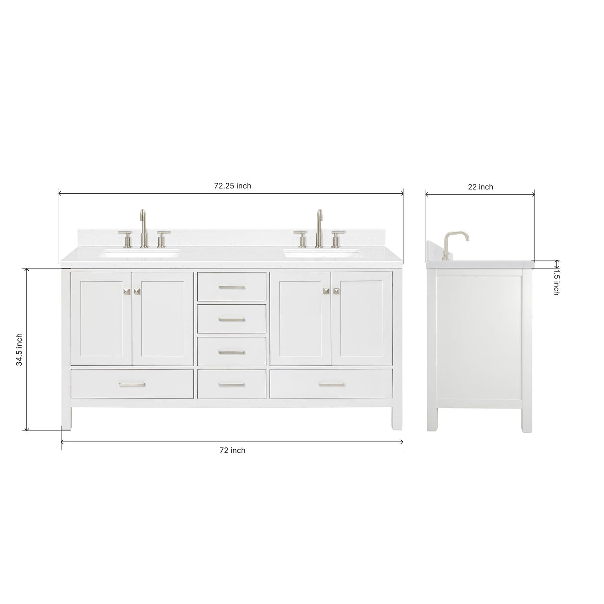 ARIEL Cambridge 72" White Double Vanity, 1.5" Edge Carrara White Quartz Countertop & Splash, Rectangular Sinks, 4 Soft Closing Doors, 6 Full Extension Dovetail Drawers, Brushed Nickel ARIEL