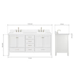 ARIEL Cambridge 72" White Double Vanity, 1.5" Edge Carrara White Quartz Countertop & Splash, Rectangular Sinks, 4 Soft Closing Doors, 6 Full Extension Dovetail Drawers, Brushed Nickel ARIEL