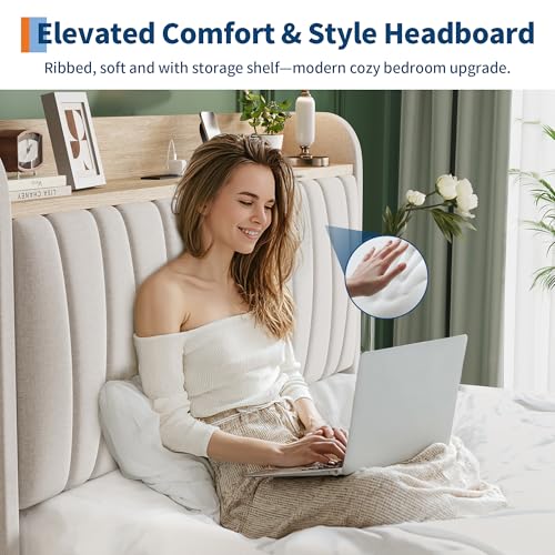 GarveeHome Upholstered Bed Frame with Storage Headboard and Charging Station, Platform Bed Frame with Drawers, Heavy Duty, No Box Spring Needed, Easy Assembly, Beige, Queen Size GarveeHome