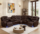 Caerrlcias Power Recliner Sectional Sofa with LED Lighting, Breathing Leather Corner Couch with USB Port and Storage Console, Cup Holders– Home Theater & Living Room Seating (Brown)