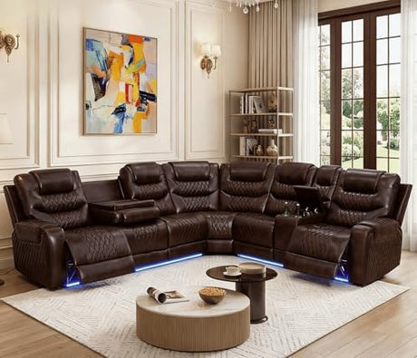 Caerrlcias Power Recliner Sectional Sofa with LED Lighting, Breathing Leather Corner Couch with USB Port and Storage Console, Cup Holders– Home Theater & Living Room Seating (Brown) Caerrlcias