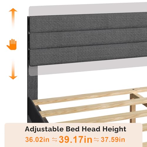 VINGLI Full Bed Frame with Headboard,Upholstered Platform Bed with Adjustable Headboard,Heavy Duty Slats Support,Mid Century Modern,Noise Free, No Box Spring Needed, Dark Gray VINGLI