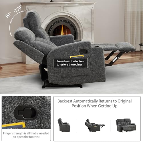 CANMOV Manual Recliner Sofa Set, Fabric Home Theater Seating with Side Pockets and Cup Holders, 2 Seat Reclining Couch for Living Room, Office, Dark Grey