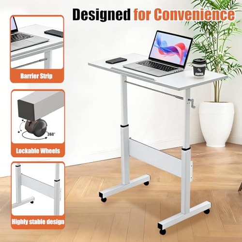 Hand Crank Small Standing Desk, Adjustable Height 27.76-40", Tiltable Tabletop with Wheels, Portable Laptop Computer Table, Rolling Podium Mobile Stand Up Desk for Walking Pad Treadmill, Home Office huacz