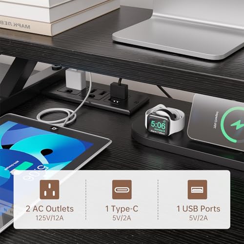 U Shaped Gaming Desk, Reversible L Shaped Computer Desk with Power Outlets & USB Ports, LED Strip & Monitor Stand with Fabric Drawers, Large Corner Desk with Storage Shelves for Home Office, Black iabifo