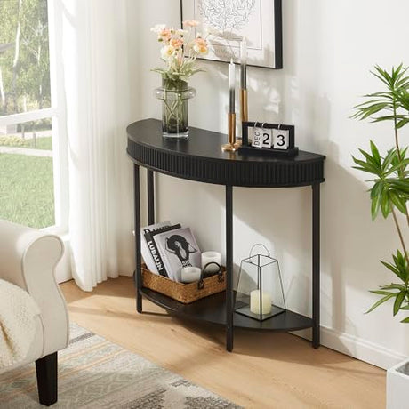 unipaws Fluted Half Moon Console Table, Modern 2-Tier Black Entryway Console, Sofa Back Table for Living Room, Hallway & Foyer (36" Width) unipaws