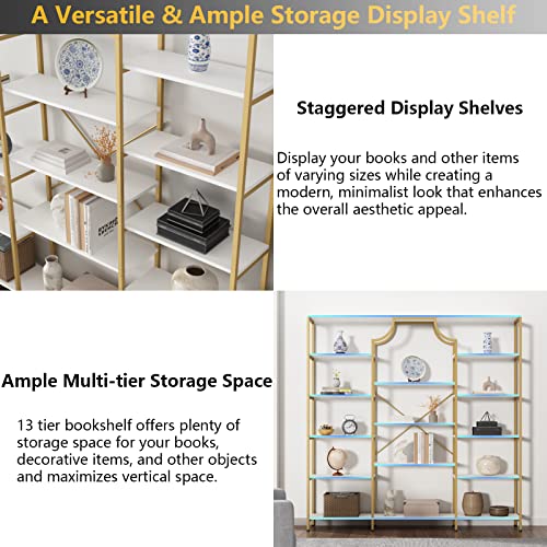 Loomie Gold & White Triple Wide Bookshelf with 13 Open Shelves - Modern Etagere Bookcase for Any Room - WoodArtSupply