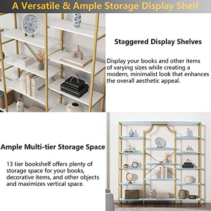 Loomie Gold & White Triple Wide Bookshelf with 13 Open Shelves - Modern Etagere Bookcase for Any Room - WoodArtSupply