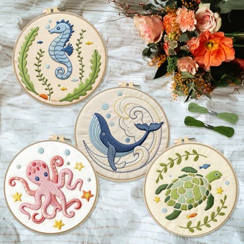 INFUNLY 4 Sets Embroidery Kit for Beginners with Sea Animals Pattern DIY Embroidery Kit for Adults Ocean Embroidery Art Kit Turtles/Seahorses/Octopuses/Whales Cross Stitch Kit with Embroidery Hoops
