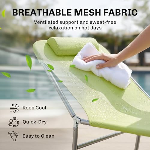 Outsunny Folding Chaise Lounge Pool Chairs, Outdoor Sun Tanning Chairs with Pillow, Reclining Back, Steel Frame & Breathable Mesh for Beach, Yard, Patio, Green