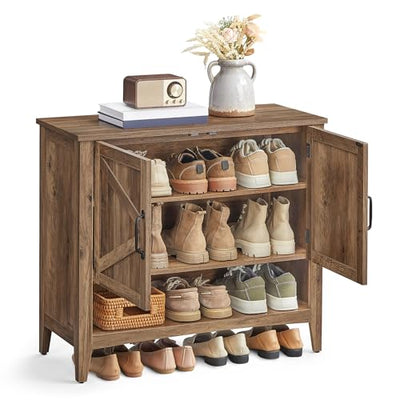 VASAGLE LIRY Collection - Shoe Cabinet, 3-Tier Storage Organizer, Shoe Shelf, Farmhouse Freestanding Cabinet, Height-Adjustable Shelf, 13.8 x 31.5 x 27.6 Inches, Honey Brown ULBC038B01