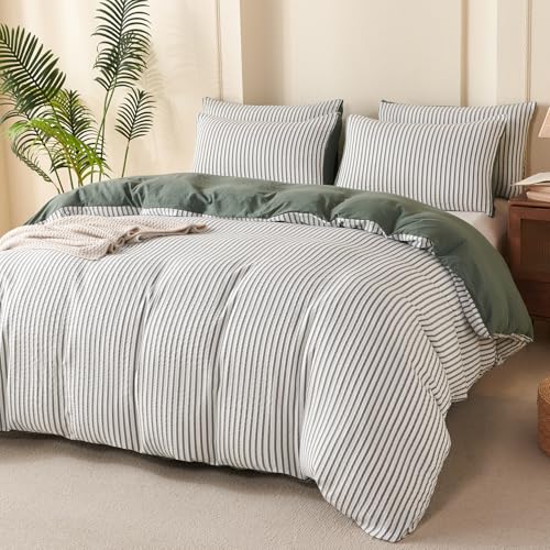 BUPIRD Green King Comforter Set Striped 100% Soft Washed Microfiber Jacquard 3 Pieces Striped Bedding Sets Green White Comforter for All Seasons and 2 Pillowcases Comfort Breathable BUPIRD
