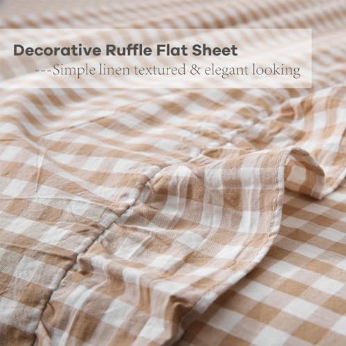K MASANIJI Taupe White Plaid Ruffle Sheets Queen Size 4-Piece Set, 300TC 100% Yarn Dyed Washed Cotton Checker Sheets 18'' Deep Pocket Farmhouse Gingham Decorative Bedding（Taupe/White Plaid, Queen） K MASANIJI