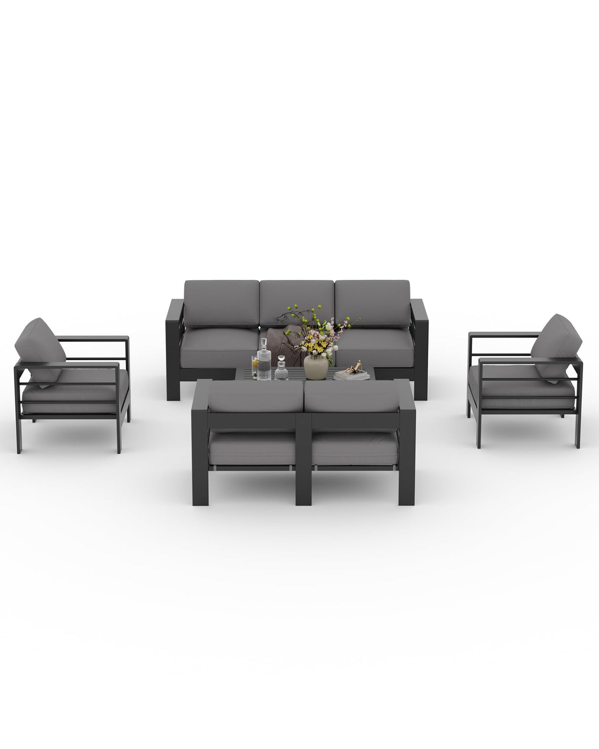 Aluminum Patio Furniture Set 7 Seats, 5 PCS Outdoor Sectional Conversation Set with 4" Wide Armrest, Backyard Sectional Sofa Set with Coffee Table & Thick Cushions, Grey GAOMON